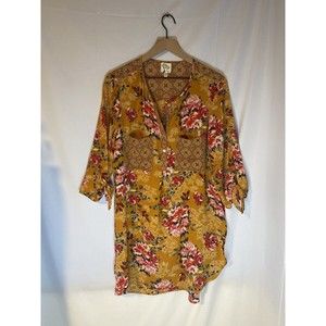 Fig & Flower Anthropologie Roll Tab Sleeve Floral Tunic Dress Pockets Size XL
